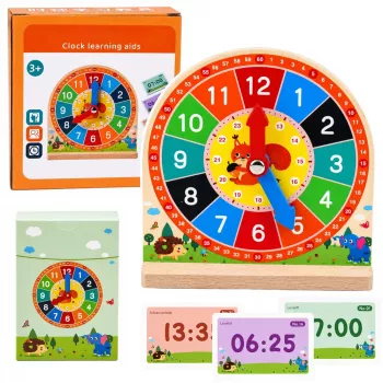 LEAN TOYS Drewniany zegar edukacyjny do nauki godzin z ruchomymi wskazówkami i kartami, 55 elementów
