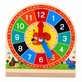 LEAN TOYS Drewniany zegar edukacyjny do nauki godzin z ruchomymi wskazówkami i kartami, 55 elementów