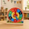LEAN TOYS Drewniany zegar edukacyjny do nauki godzin z ruchomymi wskazówkami i kartami, 55 elementów