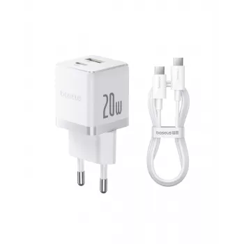 Baseus Palm ładowarka ścienna 20W, 1x USB-A + 1x USB-C, QC3.0/PD3.0, z kablem USB-C 1 m, biała (P10111608213-01)