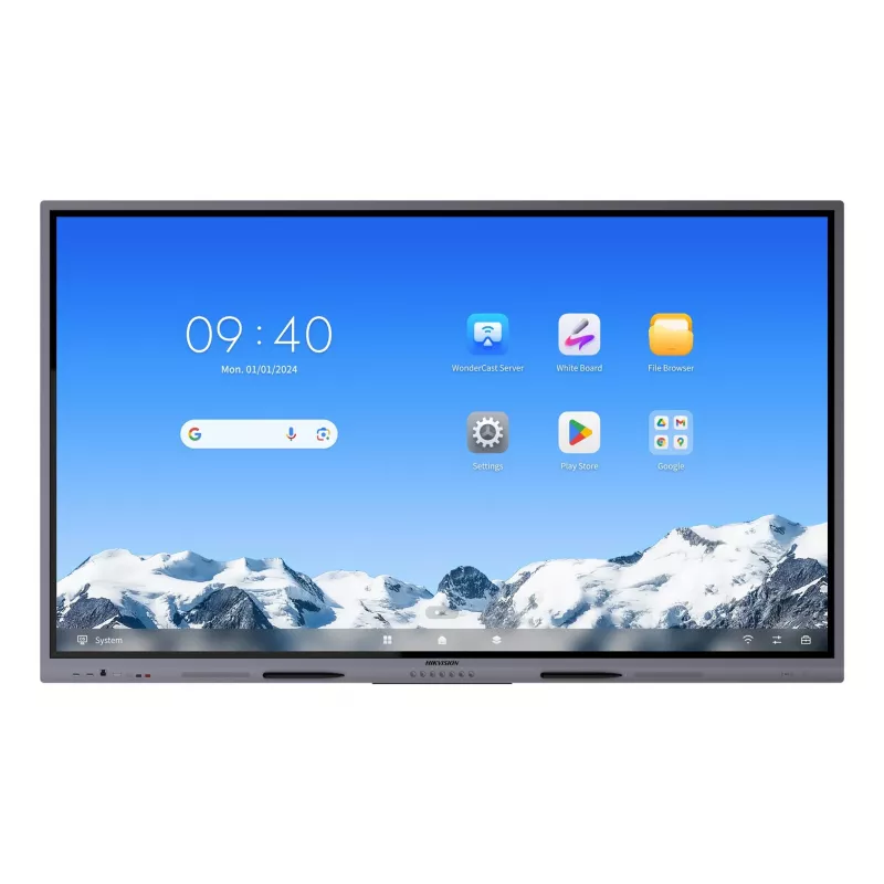 Hikvision DS-D5C75RB/A2L 75-calowy interaktywny wyświetlacz 4K, Android 14 (z możliwością aktualizacji do 16 EDLA), 40-punktowy dotyk IR, 8GB RAM, 128GB pamięci, Wi-Fi 6, Bluetooth 5.2, 3x HDMI, USB-C, głośniki 2x15W, 8-mic array, VESA 800x400