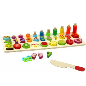 LEAN TOYS Drewniana Tablica Edukacyjna Sorter – Nauka Matematyki z Owocami i Cyframi, 85 Elementów, Zabawka Montessori dla Dzieci od 3 lat