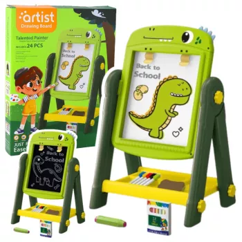 LEAN TOYS Dwustronna magnetyczna suchościeralna tablica Dinozaur Zielony z akcesoriami