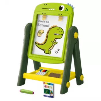 LEAN TOYS Dwustronna magnetyczna suchościeralna tablica Dinozaur Zielony z akcesoriami