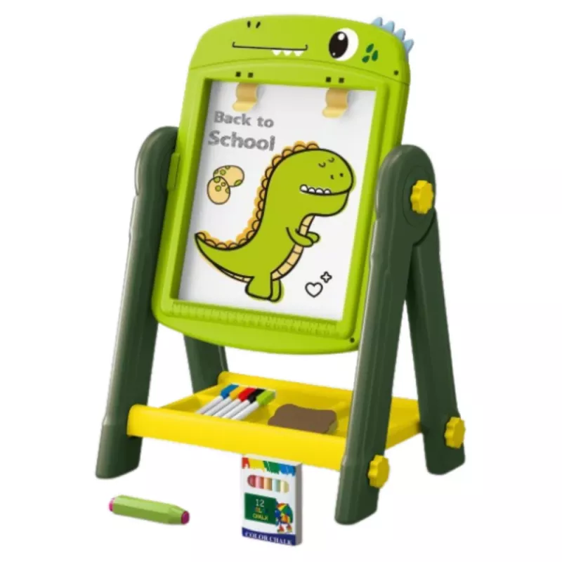 LEAN TOYS Dwustronna magnetyczna suchościeralna tablica Dinozaur Zielony z akcesoriami