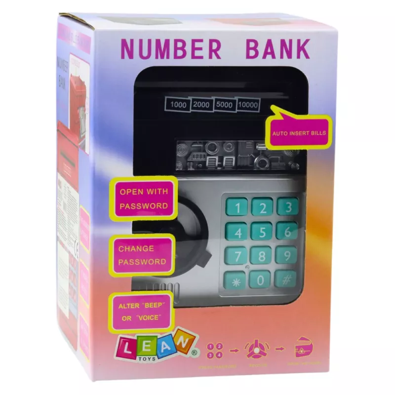 LEAN TOYS ATM Sejf Skarbonka z Światłami, Dźwiękami i Kodem PIN – Czarny
