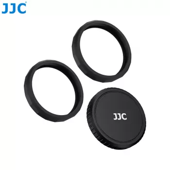 JJC LRR-OA6K2 Osłonka obiektywu i zestaw pierścieni dekoracyjnych do DJI Osmo Action 6 (czarna osłonka, czerwony i niebieski pierścień)