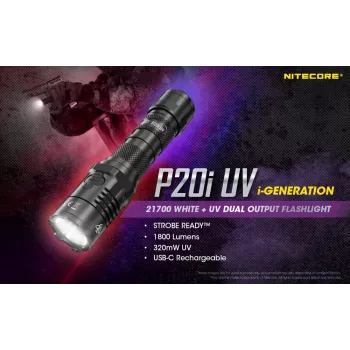 Nitecore NT-P20I-UV Taktyczna latarka z światłem UV, 1800 lumenów, ładowanie USB-C, IP68, czarna