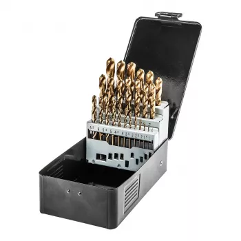NEO TOOLS 25-częściowy zestaw wierteł krętych HSS-TiN do metalu, 1,0–13,0 mm, DIN 338, 135° szpic krzyżowy, metalowe pudełko