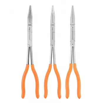 NEO TOOLS 01-293 Zestaw szczypiec z podwójnym przegubem, 3-częściowy, stal chromowo-wanadowa, 280 mm, proste, zagięte 45° i 90°, ergonomiczne antypoślizgowe uchwyty
