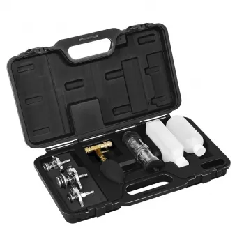 NEO TOOLS 11-271 Tester nieszczelności uszczelki pod głowicą – Zestaw do wykrywania spalin CO2 dla silników benzynowych, Diesla i LPG z 250ml płynem błękit bromotymolowy, uniwersalnym adapterem stożkowym i 10 adapterami do chłodnic specyficznymi dla marek