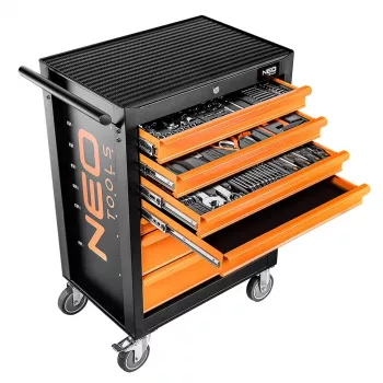 Szafka warsztatowa NEO TOOLS z 7 szufladami i 129-elementowym zestawem narzędzi, czerwono-czarna, prowadnice kulkowe, centralny zamek, udźwig 400 kg