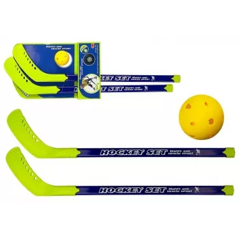 LEAN TOYS Zestaw do floorballu z 2 kijami hokejowymi i piłką, 82 cm, czerwony/niebieski, dla dzieci 6+