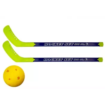 LEAN TOYS Zestaw do floorballu z 2 kijami hokejowymi i piłką, 82 cm, czerwony/niebieski, dla dzieci 6+