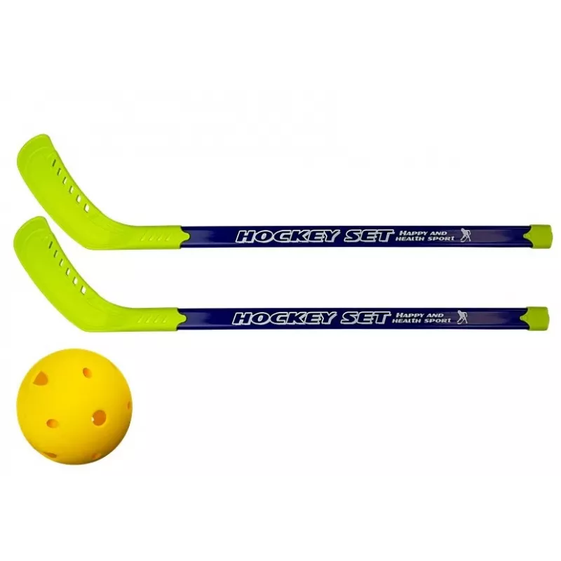 LEAN TOYS Zestaw do floorballu z 2 kijami hokejowymi i piłką, 82 cm, czerwony/niebieski, dla dzieci 6+