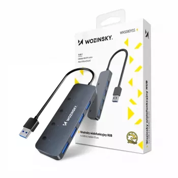 Wozinsky WHS080YSS 4-portowy hub USB-A 3.0 z indywidualnymi przełącznikami, aluminiowy, szary, kabel 15 cm
