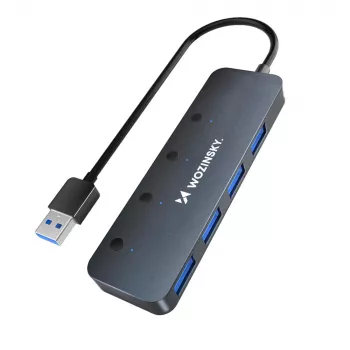Wozinsky WHS080YSS 4-portowy hub USB-A 3.0 z indywidualnymi przełącznikami, aluminiowy, szary, kabel 15 cm