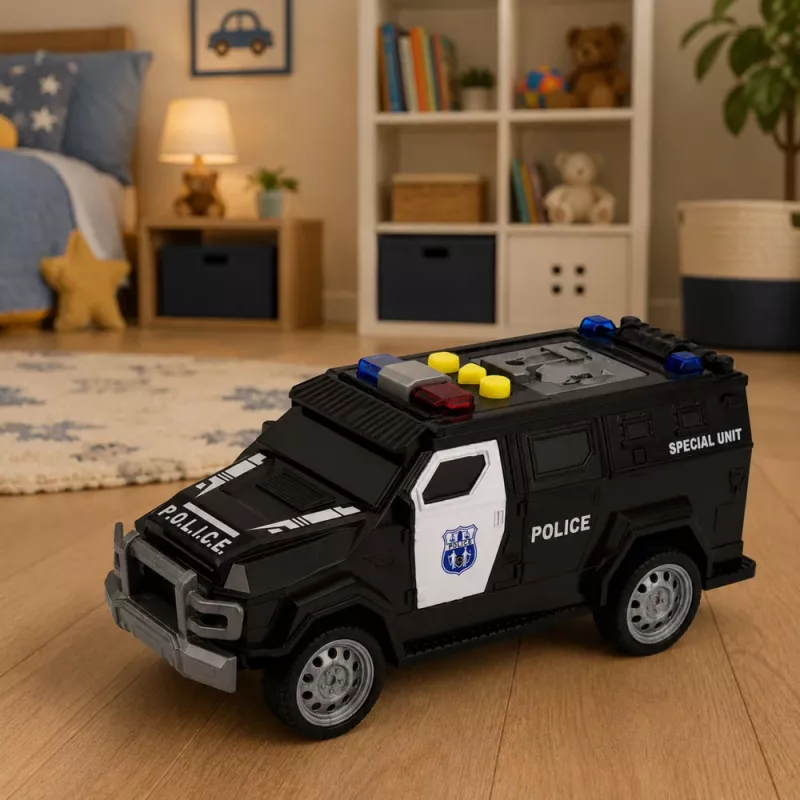 LEAN TOYS Samochód policyjny Pojazd specjalny w skali 1:32, czarny, ze światłami i dźwiękami