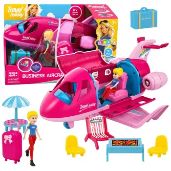 LEAN TOYS Składany samolot dla lalek, zestaw podróżny, akcesoria dla lalek, różowy, 9 szt.