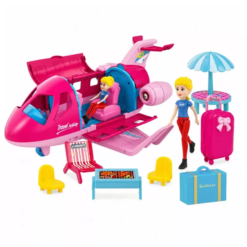 LEAN TOYS Składany samolot dla lalek, zestaw podróżny, akcesoria dla lalek, różowy, 9 szt.