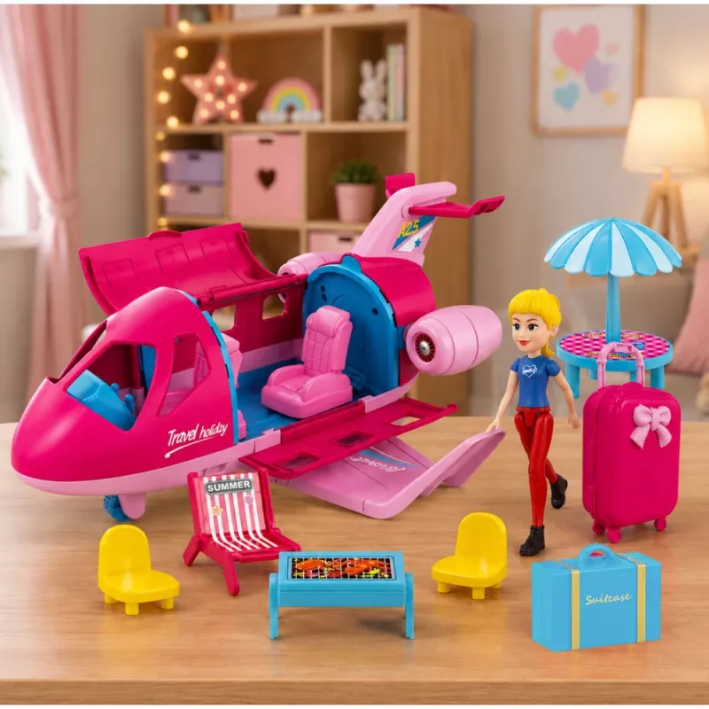 LEAN TOYS Składany samolot dla lalek, zestaw podróżny, akcesoria dla lalek, różowy, 9 szt.