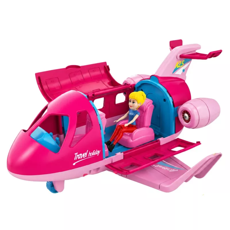 LEAN TOYS Składany samolot dla lalek, zestaw podróżny, akcesoria dla lalek, różowy, 9 szt.