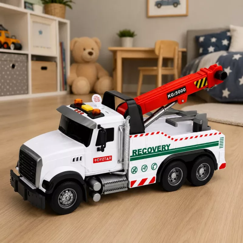 LEAN TOYS Samochód budowlany z regulowanym dźwigiem, światłami i dźwiękami, biały, 1:14
