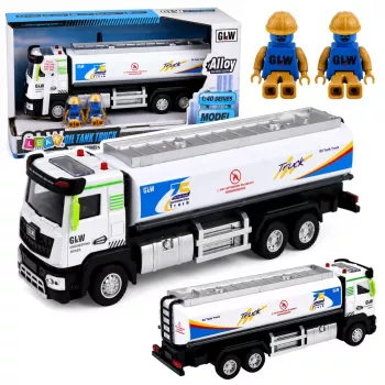 LEAN TOYS Metalowy Ciężarówka-Cysterna z Napędem Tarcia, Światłami i Dźwiękami, Niebiesko-Biała, Skala 1:40