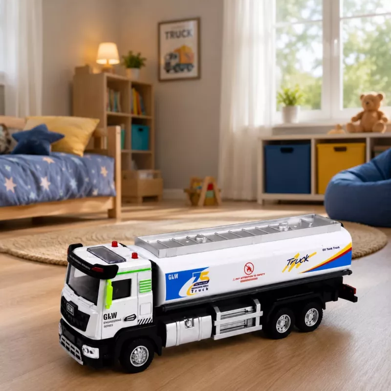 LEAN TOYS Metalowy Ciężarówka-Cysterna z Napędem Tarcia, Światłami i Dźwiękami, Niebiesko-Biała, Skala 1:40