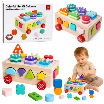 LEAN TOYS Drewniany Montessori Edukacyjny Sortownik na Kółkach Kształty i Cyfry