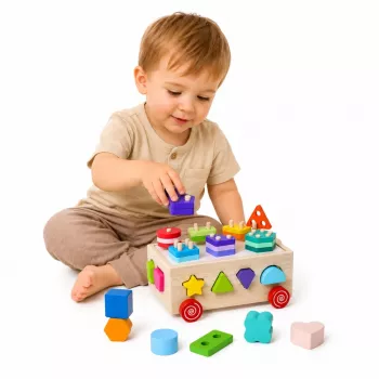 LEAN TOYS Drewniany Montessori Edukacyjny Sortownik na Kółkach Kształty i Cyfry