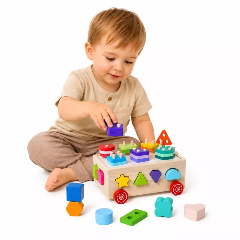 LEAN TOYS Drewniany Montessori Edukacyjny Sortownik na Kółkach Kształty i Cyfry