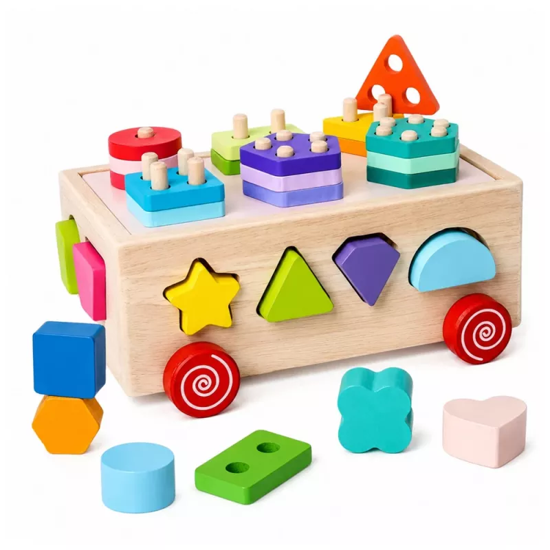 LEAN TOYS Drewniany Montessori Edukacyjny Sortownik na Kółkach Kształty i Cyfry