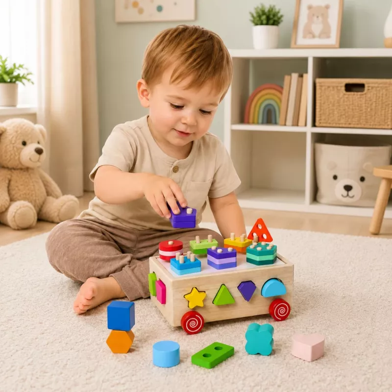 LEAN TOYS Drewniany Montessori Edukacyjny Sortownik na Kółkach Kształty i Cyfry
