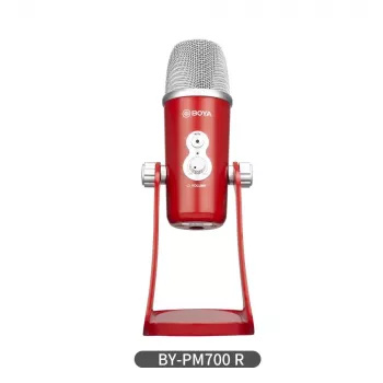 Mikrofon pojemnościowy USB BOYA BY-PM700R z charakterystykami kardioidalną, dookólną, dwukierunkową i stereofoniczną, wyjściem słuchawkowym 3.5mm, regulacją wzmocnienia, przyciskiem wyciszania i wbudowaną podstawką biurkową
