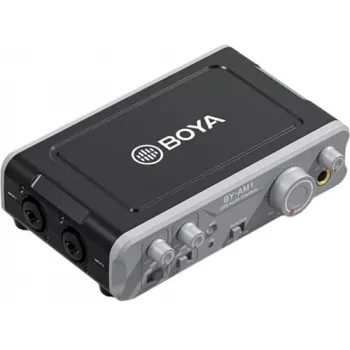 BOYA BY-AM1 2-kanałowy interfejs audio USB-C z wejściami XLR/TRS, zasilaniem fantomowym +48V i bezpośrednim monitoringiem
