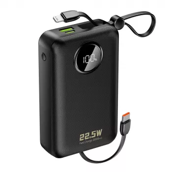 DUDAO K14+ 20000mAh 22.5W Power Bank z wbudowanymi kablami Lightning i USB-C - Czarny