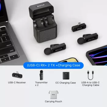 BOYA BY-V30 Bezprzewodowy zestaw mikrofonu krawatowego dla urządzeń USB-C, 2.4GHz, zasięg 50m, bateria 9 godzin, redukcja szumów, czarny