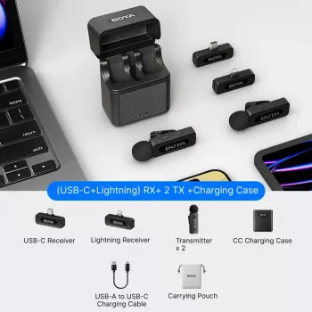 BOYA BY-V3 Combo 2,4 GHz bezprzewodowy system mikrofonowy z 2 nadajnikami i 2 odbiornikami (Lightning i USB-C) - czarny