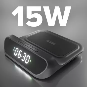 SBS TEWIRCLOCK Bezprzewodowy budzik z ładowarką Qi 10W, wyświetlacz LED, wejście USB-C, czarny