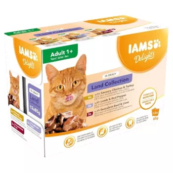 EUKANUBA IAMS DELIGHTS Land Collection w sosie Mokra karma dla kota, 12 x 85 g Saszetki, dla dorosłych, Kurczak, Jagnięcina i Indyk