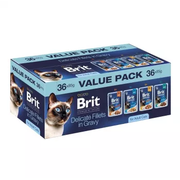 Brit Delicate Fillets in Gravy dla dorosłych kotów - mieszane mięsa i ryby, 36 x 85 g saszetek