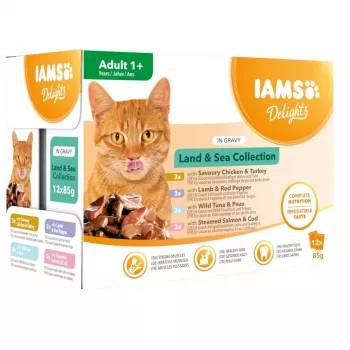 EUKANUBA IAMS DELIGHTS Land & Sea Collection w Sosie Mokra Karma dla Kotów – 12x85g Saszetki (Łosoś i Dorsz, Kurczak i Indyk, Jagnięcina i Czerwona Papryka)