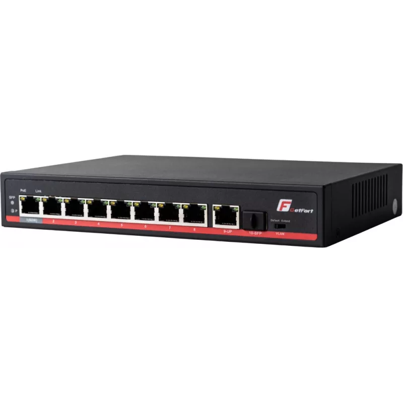 GETFORT GF-110-8PG-S-120 10-portowy przełącznik Gigabit PoE+ z 8 portami PoE+, 1 uplinkiem, 1 SFP, budżetem 120W, niezarządzany, bez wentylatora, biurkowy