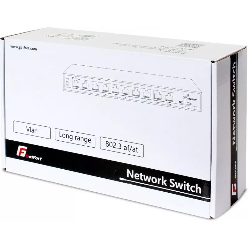GETFORT GF-210D-8P-120 10-portowy przełącznik PoE+ z 8 portami PoE Fast Ethernet i 2 portami uplink Gigabit, budżet 120W, niezarządzalny, montaż na biurko/ścianę