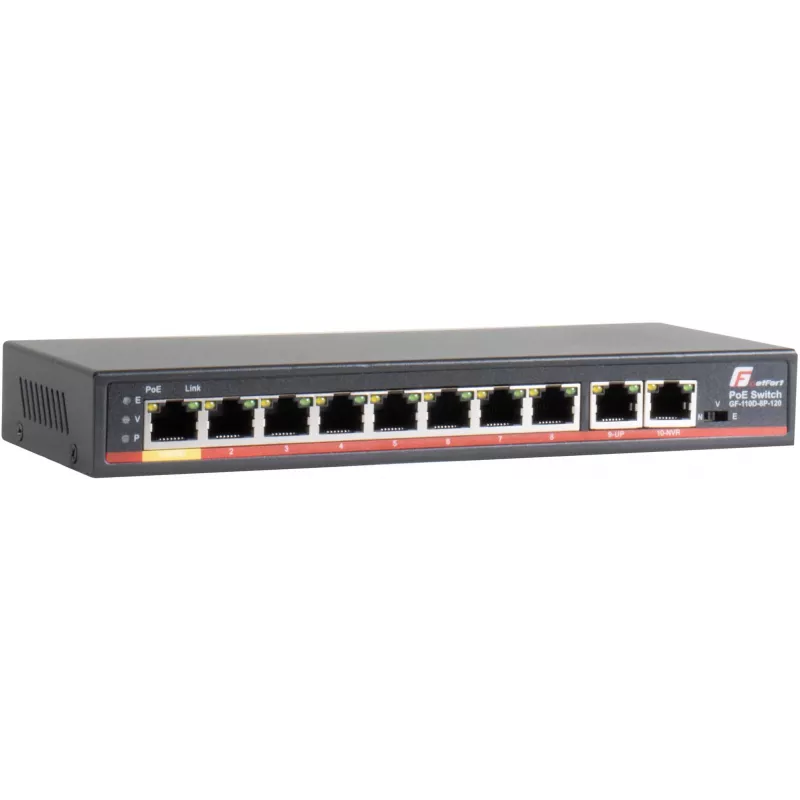 GETFORT GF-110D-8P-120 10-portowy przełącznik PoE+ z 8 portami PoE i 2 portami uplink, budżet 120W, niezarządzalny, do biurka/na ścianę