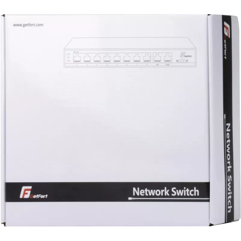 GETFORT GF-110D-8P-120 10-portowy przełącznik PoE+ z 8 portami PoE i 2 portami uplink, budżet 120W, niezarządzalny, do biurka/na ścianę