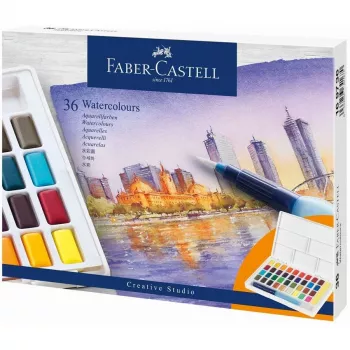 Faber-Castell Creative Studio Zestaw farb akwarelowych, 36 kolorów w kostkach z pędzlem i gąbką, paletka w wieczku, jakość studencka, transparentne, z możliwością wymiany, przenośne plastikowe pudełko