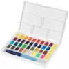 Faber-Castell Creative Studio Zestaw farb akwarelowych, 36 kolorów w kostkach z pędzlem i gąbką, paletka w wieczku, jakość studencka, transparentne, z możliwością wymiany, przenośne plastikowe pudełko