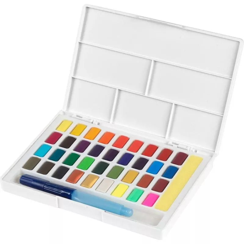 Faber-Castell Creative Studio Zestaw farb akwarelowych, 36 kolorów w kostkach z pędzlem i gąbką, paletka w wieczku, jakość studencka, transparentne, z możliwością wymiany, przenośne plastikowe pudełko